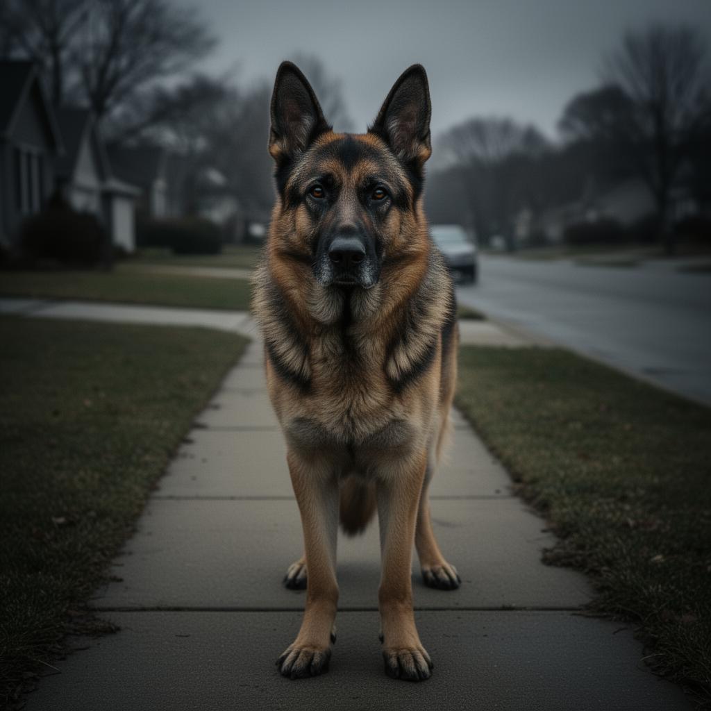 Large unleashed dog on a residential sidewalk